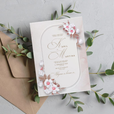 Wedding invitation card mockup with envelope and natural eucalyptus twigs