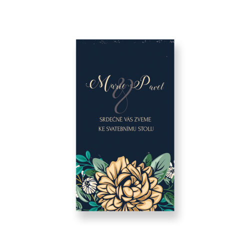 tmavěmodrá pozvánka ke svatebnímu stolu se zlatým květem