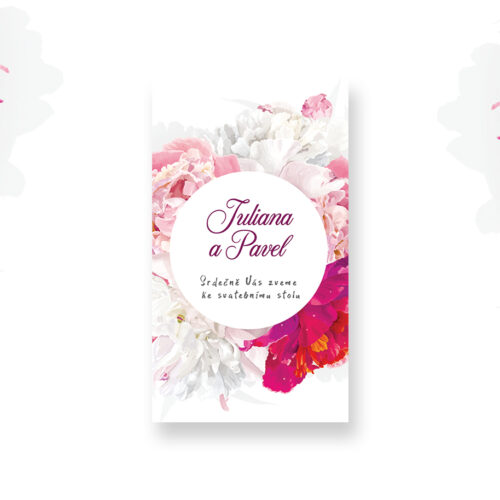 květinová pozvánka ke svatebnímu stolu s pivoňkami