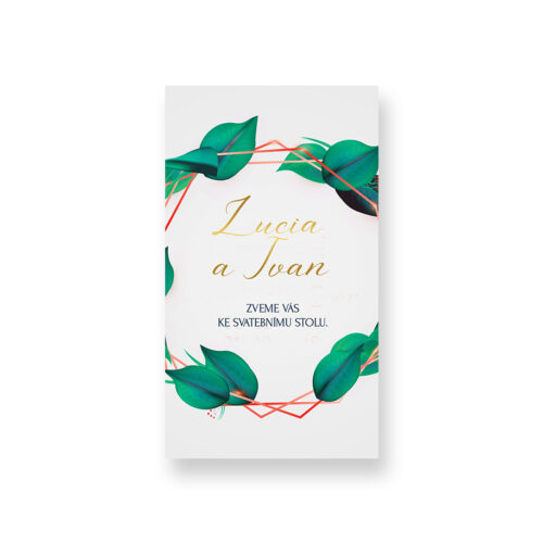 moderní pozvánka ke svatebnímu stolu se zelenými lístky