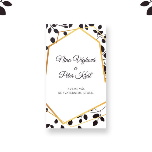 bílo černá pozvánka ke svatebnímu stolu se zlatým rámečkem