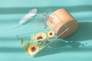 svatební oznámení na akrylu se slunečnicemi