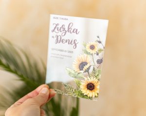 svatební oznámení na akrylu se slunečnicemi