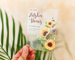 svatební oznámení na akrylu se slunečnicemi