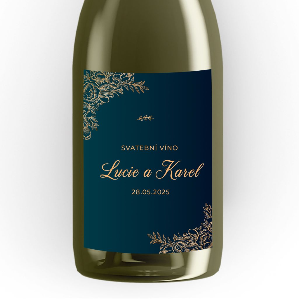 Svatební etiketa na víno tmavězelená se zlatým písmem
