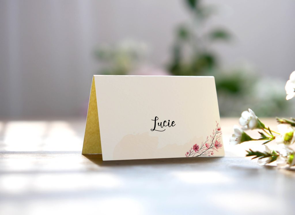 Jmenovka na svatbu s růžovými kvítky