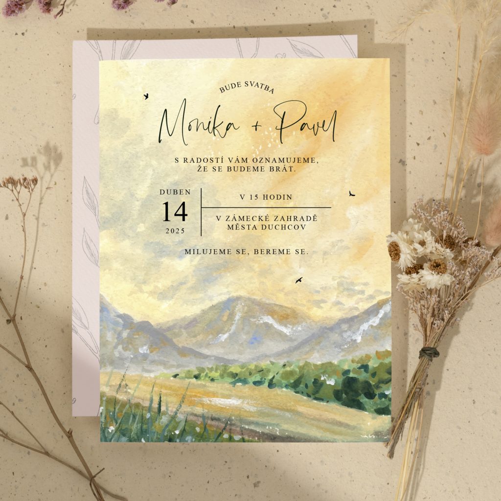 Svatební oznámení s horami na zlatavém podkladě