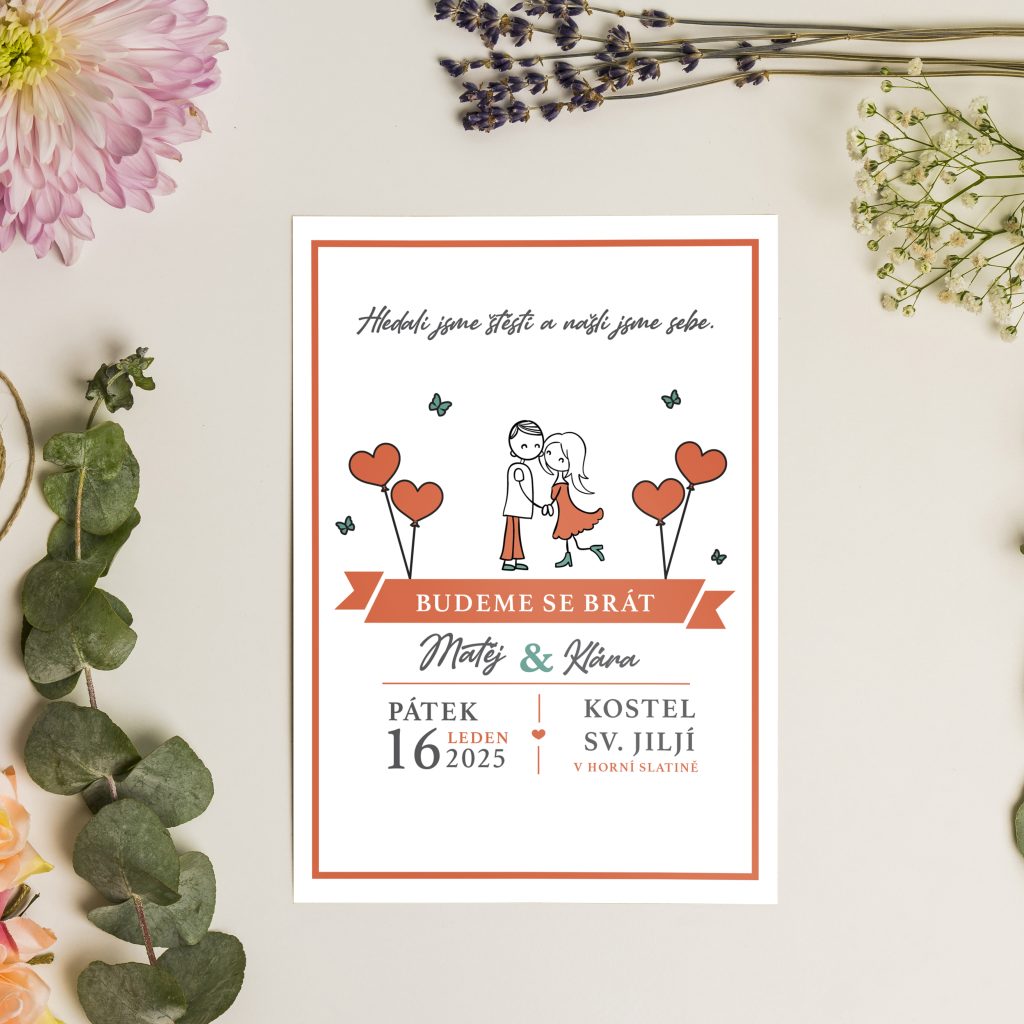 Svatební oznámení s kreslenými postavičkami
