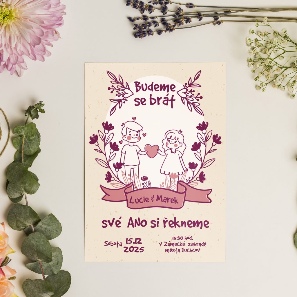 Svatební oznámení s kreslenými postavičkami a srdíčkem
