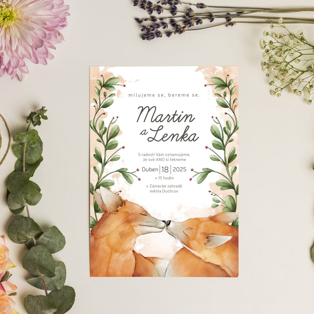 Svatební oznámení s kreslenými liškami