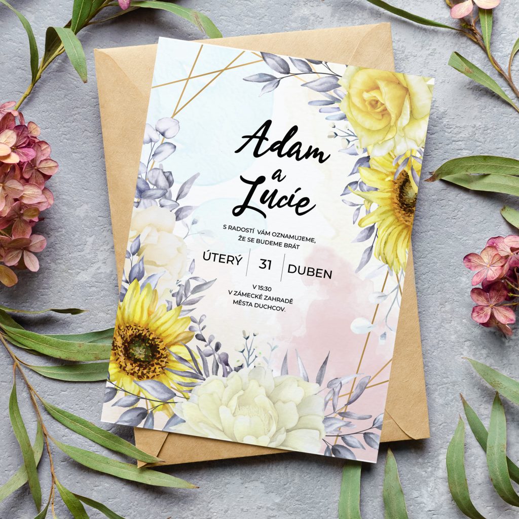 Svatební oznámení se slunečnicemi a růžemi