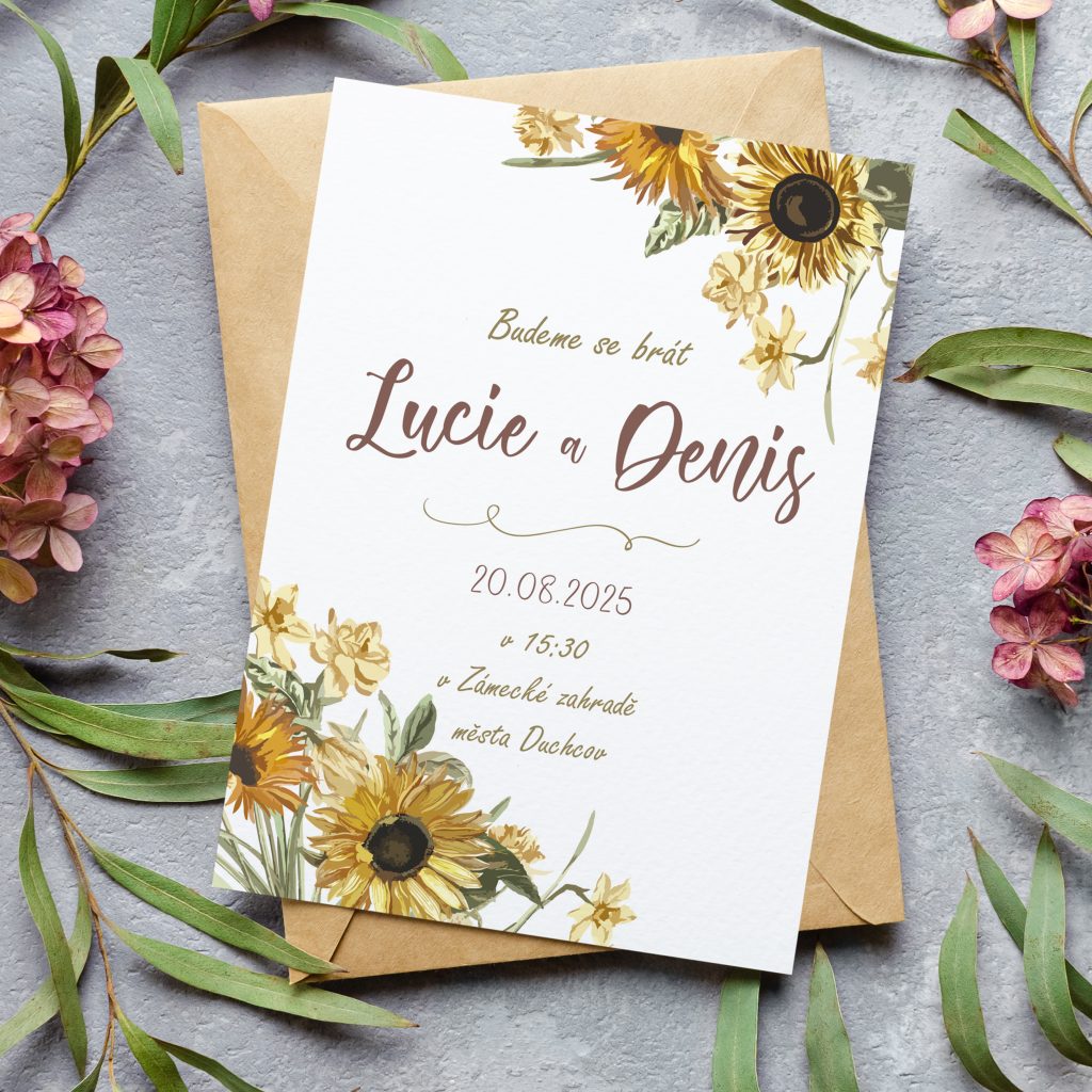 Svatební oznámení s jemnými slunečnicemi