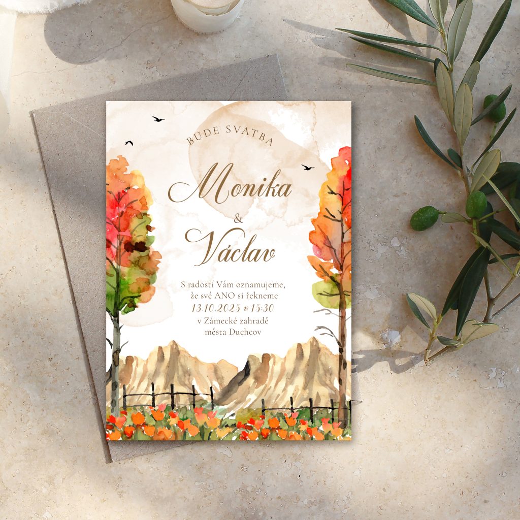 Podzimní svatební oznámení s horami