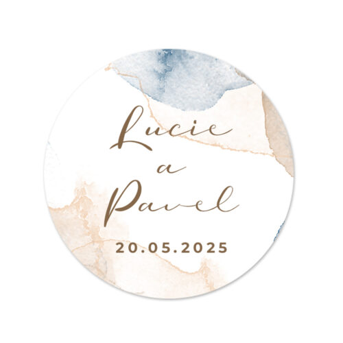 Kulatá svatební samolepka s modře hnědým designem_2022_5