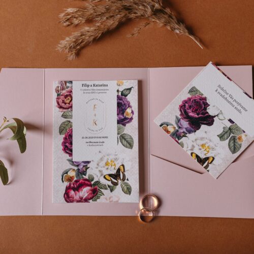 rozkládací svatební oznámení s kapsou ružový
