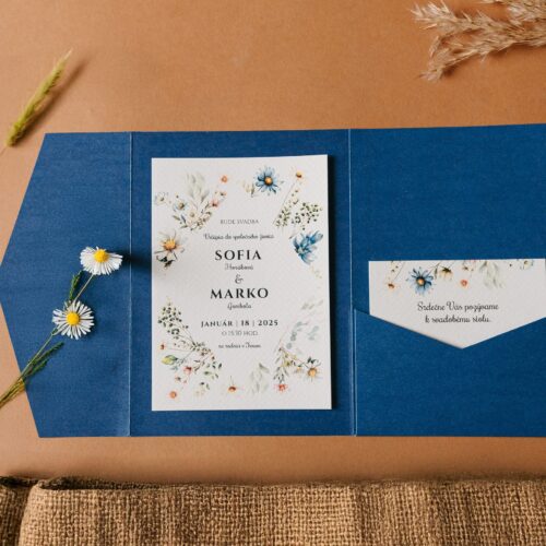 rozkládací svatební oznámení s kapsou modrý
