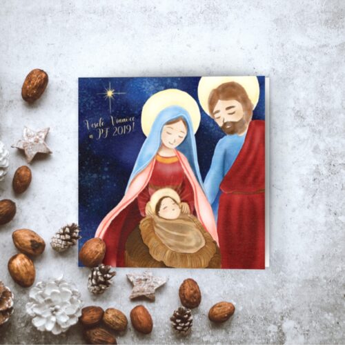 kreslená novoročenka s křesťanským motivem