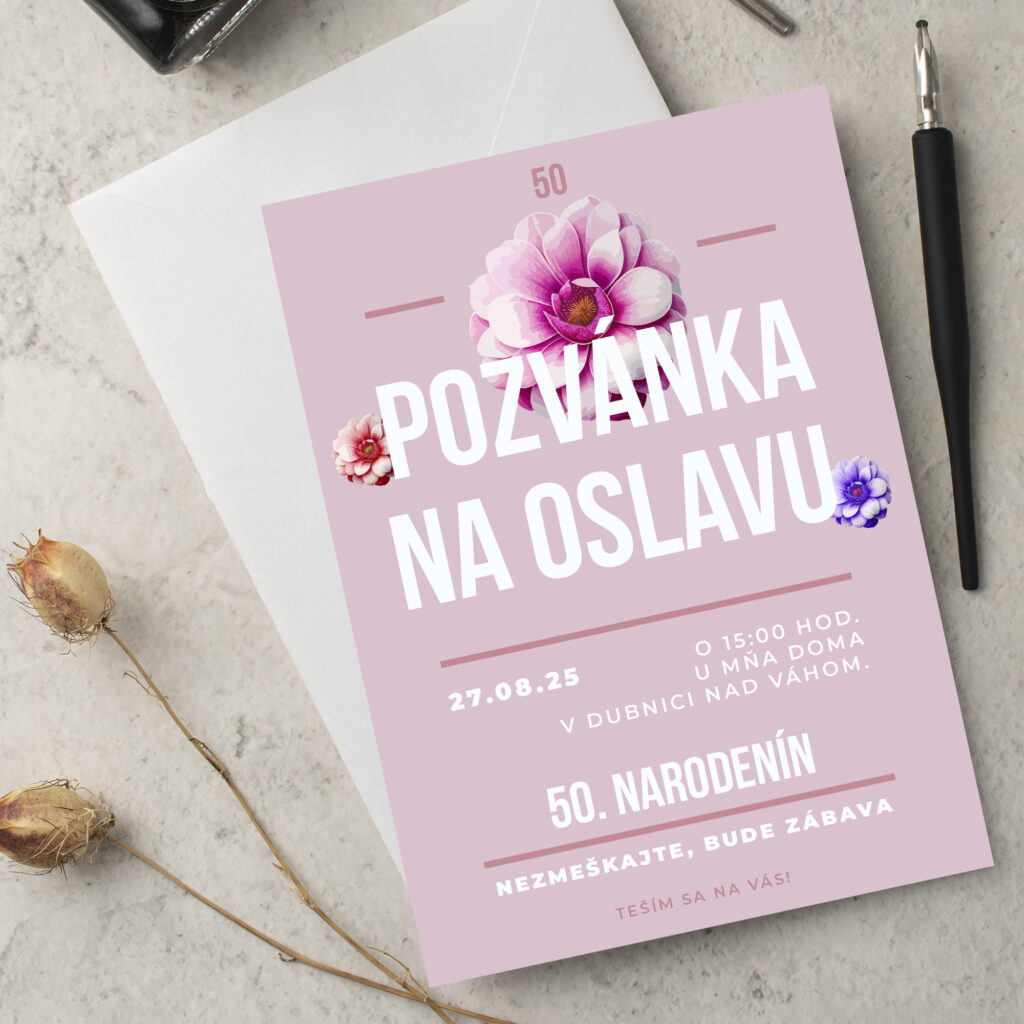 Růžová pozvánka na oslavu s květinou