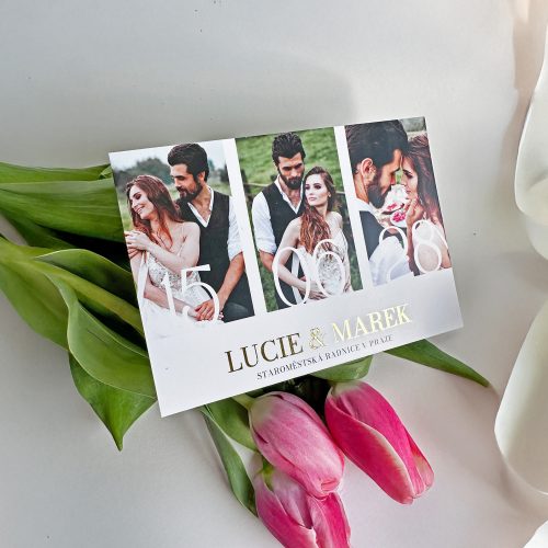svatební oznámení s metalickým potiskem a s fotografií