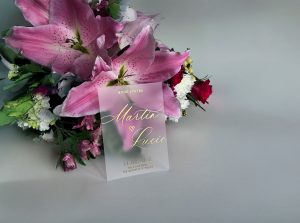 svatební oznámení transparentní s metalickým potiskem