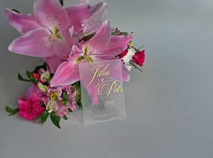 svatební oznámení transparentní s metalickým potiskem