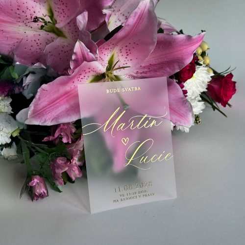 svatební oznámení transparentní s metalickým potiskem