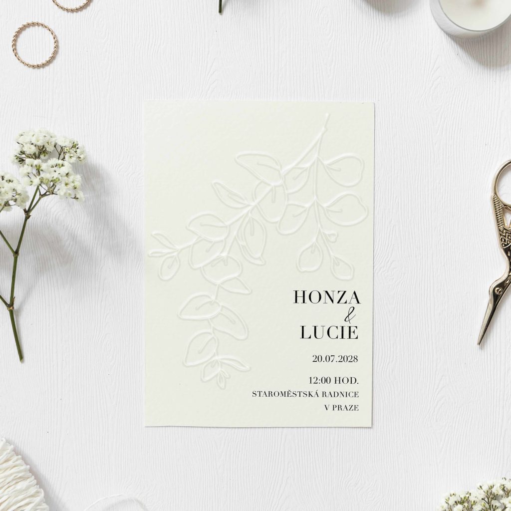 Svatební oznámení emboss – slepotisk Eukalyptus