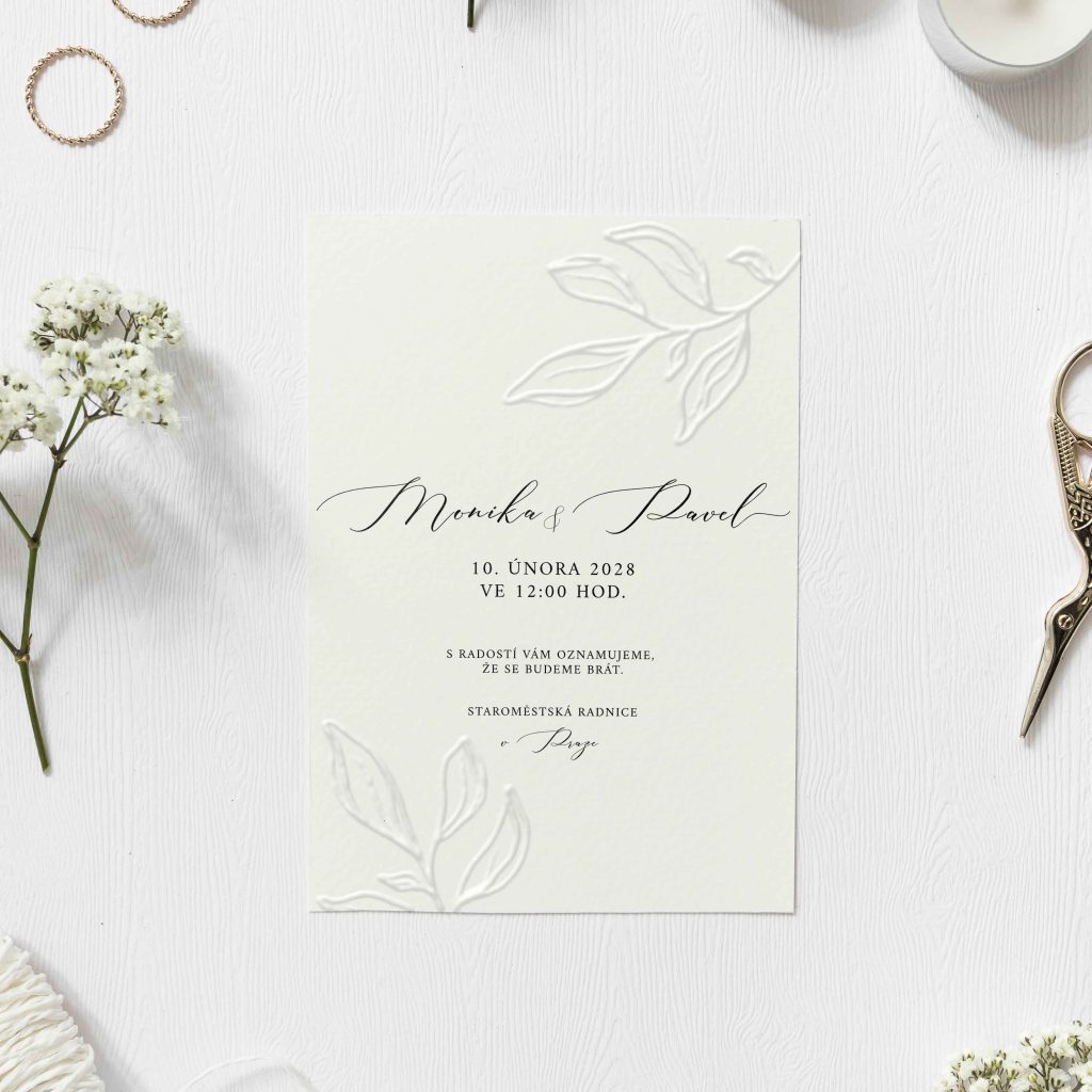 Svatební oznámení emboss – slepotisk Lístky