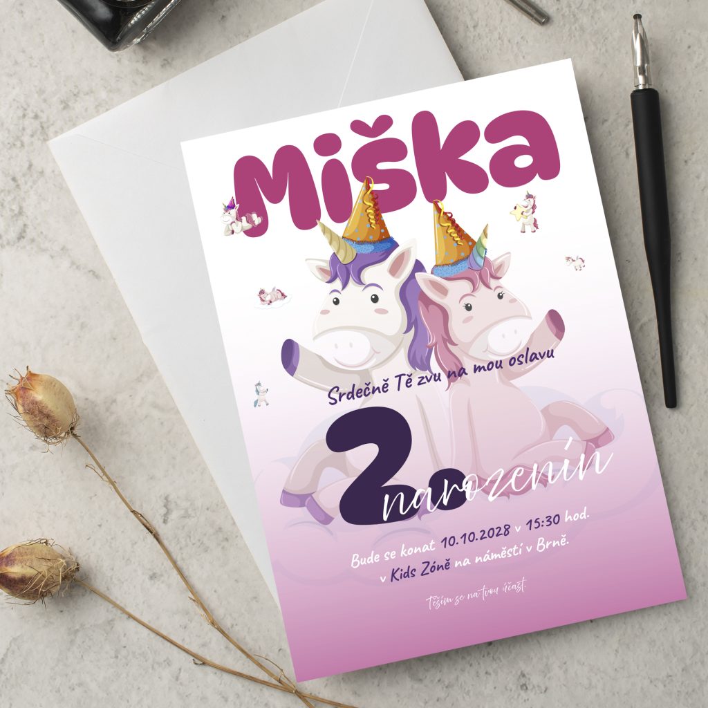 Pozvánka na oslavu 2. narozenin Jednorožec